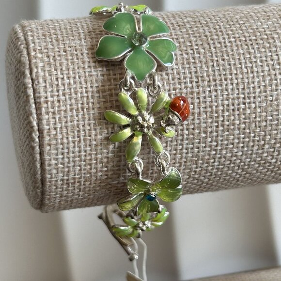 NWT Dillards Silver Green Flower Ladybug Bracelet 7" Sensitive Skin Rhinestones - Picture 1 of 11